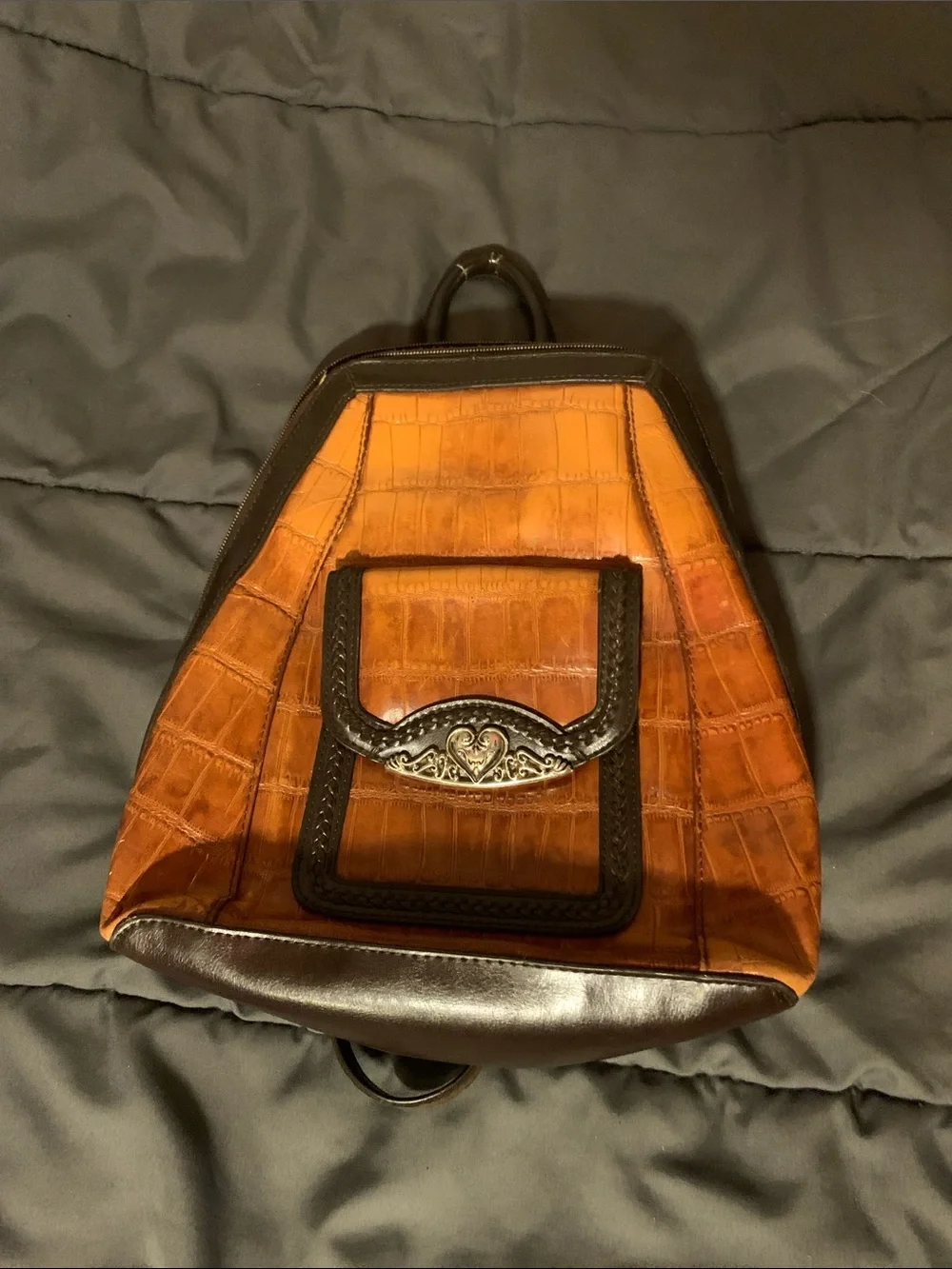 Brown Croc-Embossed Leather Backpack with Decorative Silver Accent